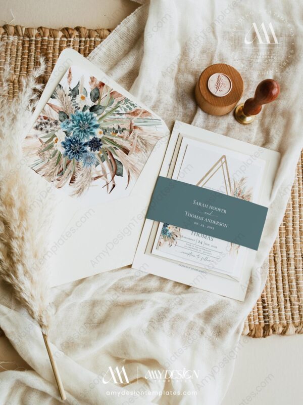 Boho Teal Wedding Invitation Template Card | Wedding Suite Printable Boho Teal Wedding Invitation Template Card | Wedding Suite Printable