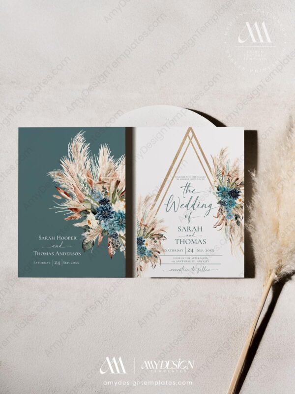 Boho Teal Wedding Invitation Template Card | Wedding Suite Printable Boho Teal Wedding Invitation Template Card | Wedding Suite Printable