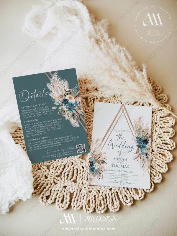 Boho Teal Wedding Invitation Template Card | Wedding Suite Printable Boho Teal Wedding Invitation Template Card | Wedding Suite Printable