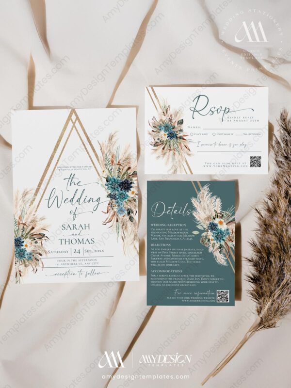 Boho Teal Wedding Invitation Template Card | Wedding Suite Printable