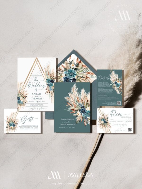 Boho Teal Wedding Invitation Template Card | Wedding Suite Printable