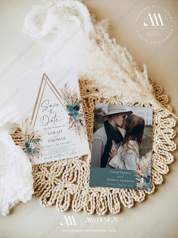 Boho Teal Wedding Save The Date Template with Photo E105