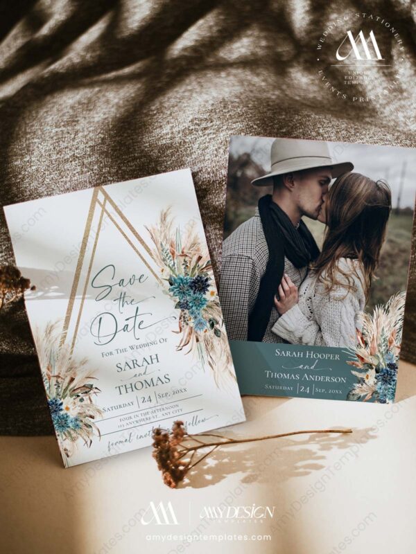 Boho Teal Wedding Save The Date Template with Photo | Save Our Date Card Bohemian Boho Teal Wedding Save The Date Template with Photo E105