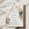 Boho Teal Wedding Save The Date Template with Photo | Save Our Date Card Bohemian Boho Teal Wedding Save The Date Template with Photo E105