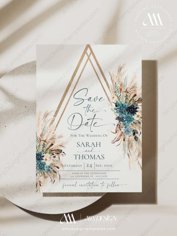 Boho Teal Wedding Save The Date Template with Photo | Save Our Date Card Bohemian Boho Teal Wedding Save The Date Template with Photo E105