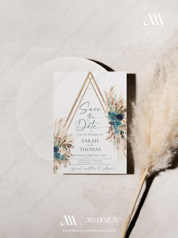 Boho Teal Wedding Save The Date Template with Photo | Save Our Date Card Bohemian Boho Teal Wedding Save The Date Template with Photo E105