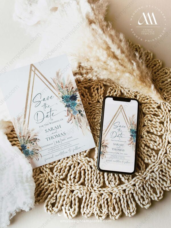 Boho Teal Wedding Save The Date Template with Photo E105