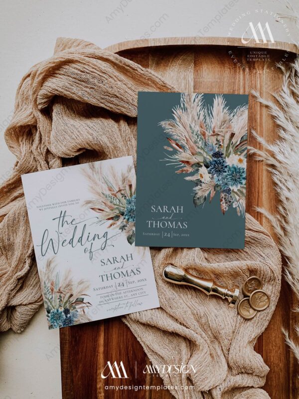 Teal Boho Wedding Invitation Suite Template | Boho Chic Wedding Invite Card | Rustic Floral