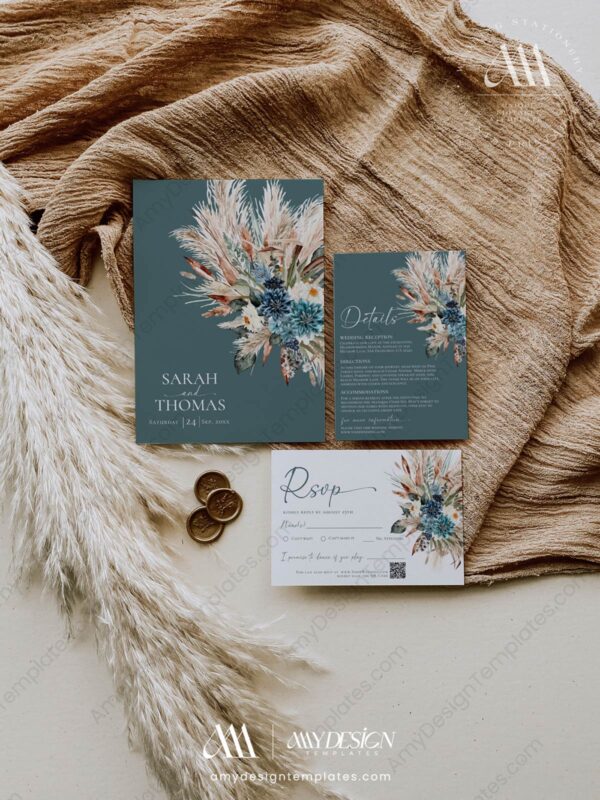 Teal Boho Wedding Invitation Suite Template | Boho Chic Wedding Invite Card | Rustic Floral Teal Boho Wedding Invitation Suite Template | Boho Chic Wedding Invite Card | Rustic Floral