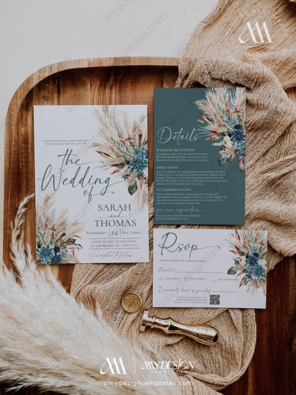 Teal Boho Wedding Invitation Suite Template | Boho Chic Wedding Invite Card | Rustic Floral