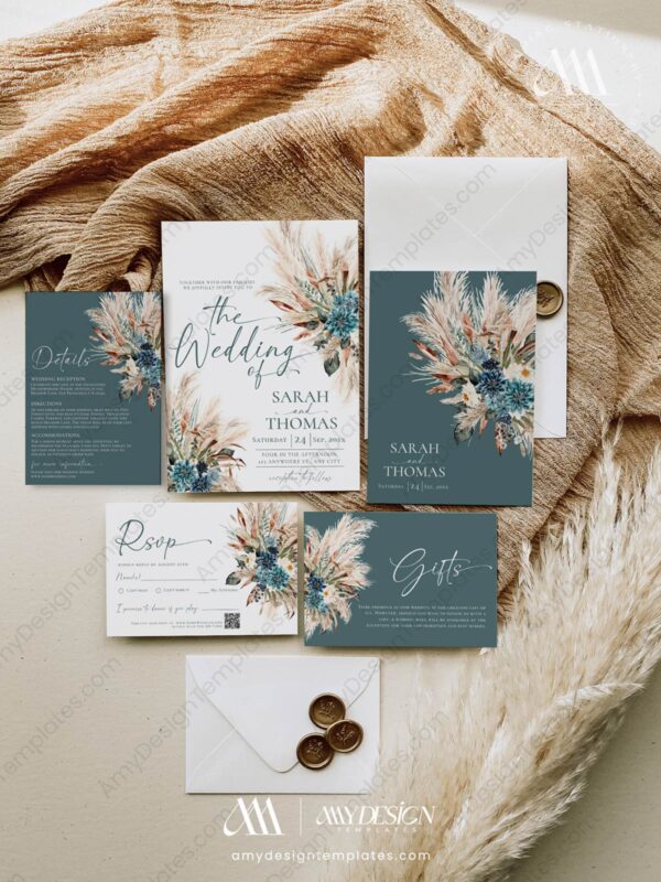 Teal Boho Wedding Invitation Suite Template | Boho Chic Wedding Invite Card | Rustic Floral Teal Boho Wedding Invitation Suite Template | Boho Chic Wedding Invite Card | Rustic Floral