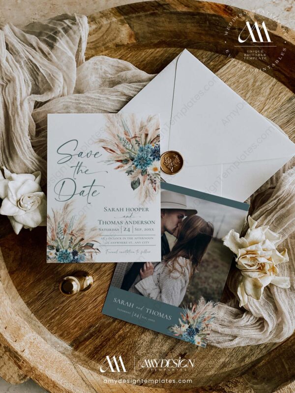 Rust Teal Wedding Save The Date Card | Boho Save The Date Template with Photo Rust Teal Wedding Save The Date Card E106