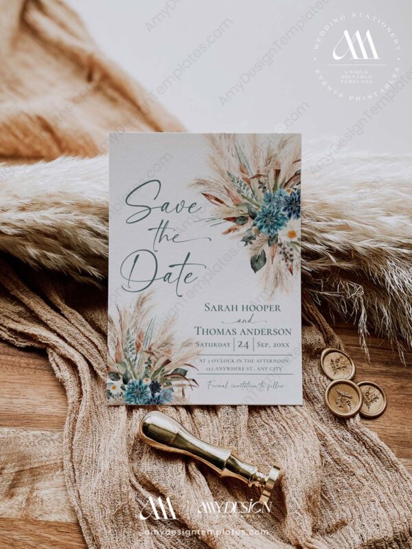 Rust Teal Wedding Save The Date Card | Boho Save The Date Template with Photo Rust Teal Wedding Save The Date Card E106