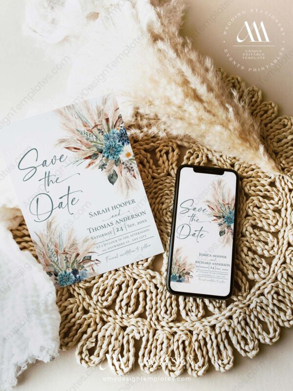 Rust Teal Wedding Save The Date Card | Boho Save The Date Template with Photo Rust Teal Wedding Save The Date Card E106