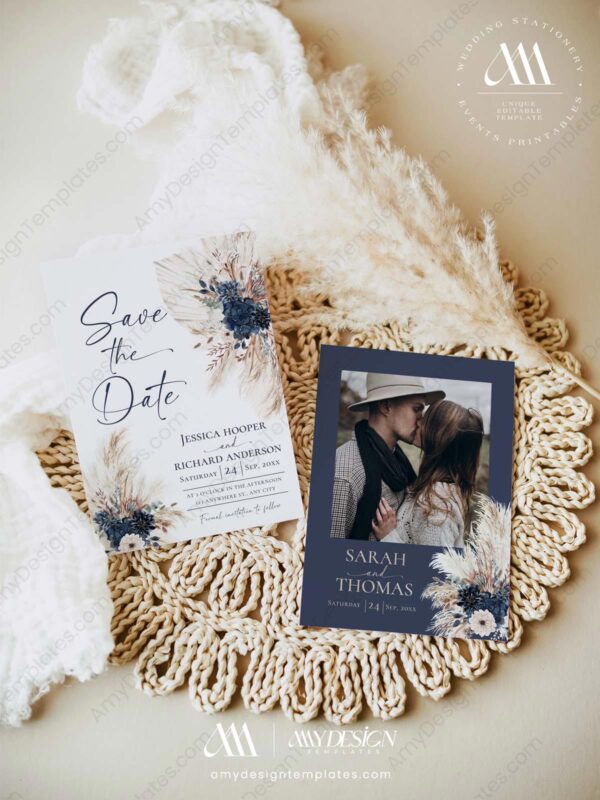 Boho Navy Blue Save The Date Template with Photo | Printable Wedding | Save our Date Boho Navy Blue Save The Date Template with Photo E108