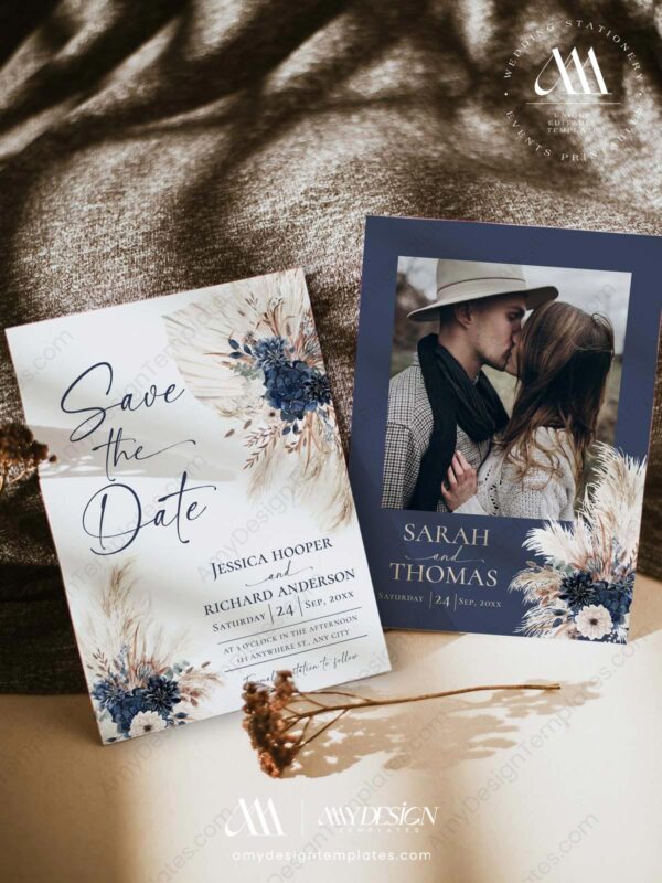 Boho Navy Blue Save The Date Template with Photo E108
