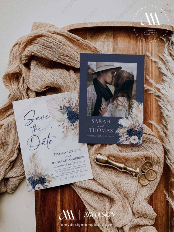 Boho Navy Blue Save The Date Template with Photo E108