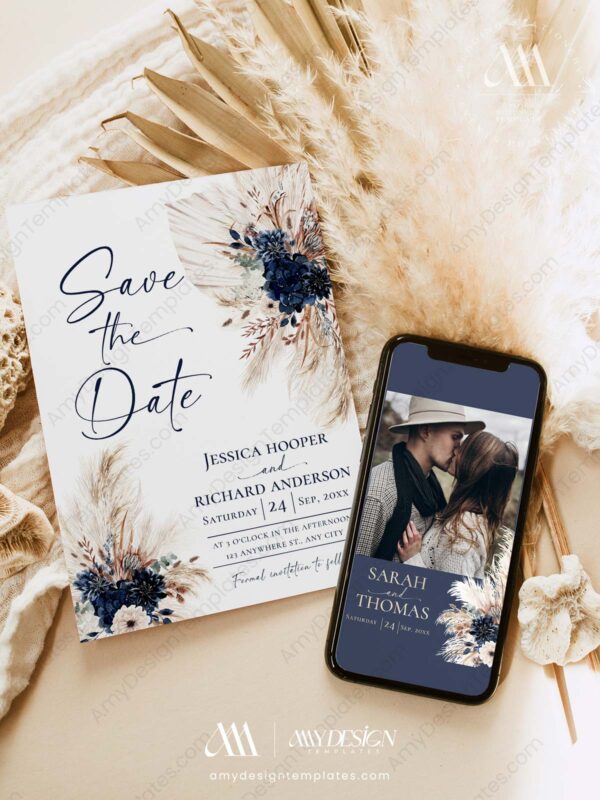 Boho Navy Blue Save The Date Template with Photo | Printable Wedding | Save our Date Boho Navy Blue Save The Date Template with Photo E108