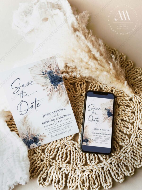 Boho Navy Blue Save The Date Template with Photo | Printable Wedding | Save our Date Boho Navy Blue Save The Date Template with Photo E108
