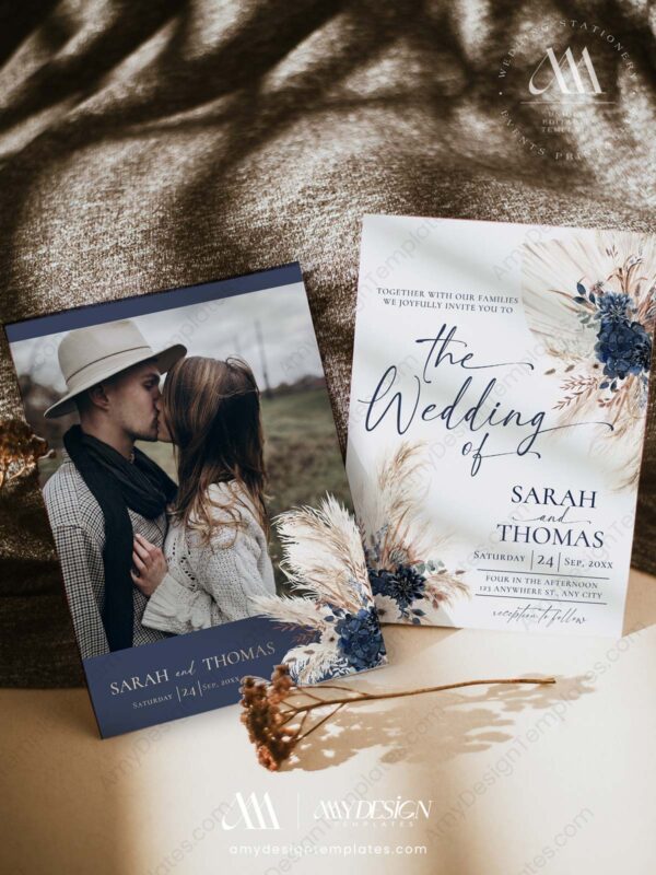 Navy Blue Fall Wedding Invitation Card | Bohemian Wedding Invite Template Navy Blue Fall Wedding Invitation Card | Bohemian Wedding Invite Template