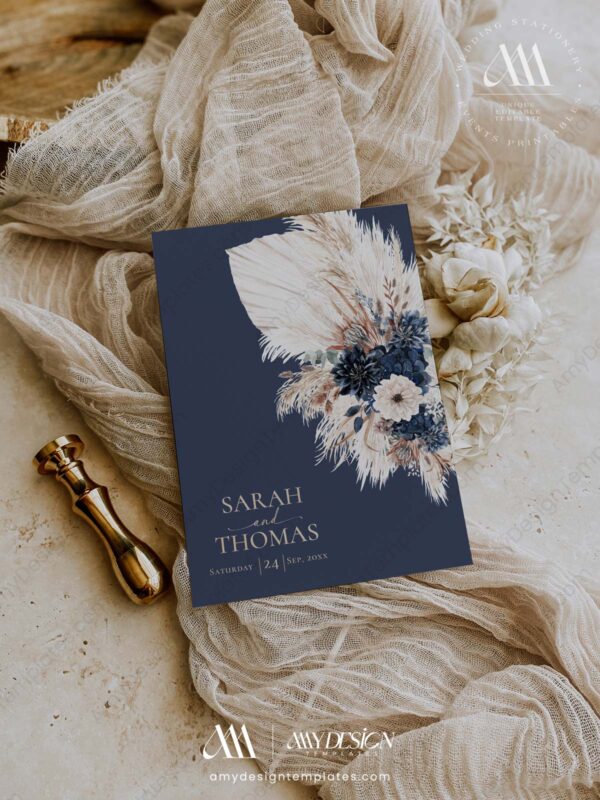 Navy Blue Fall Wedding Invitation Card | Bohemian Wedding Invite Template Navy Blue Fall Wedding Invitation Card | Bohemian Wedding Invite Template