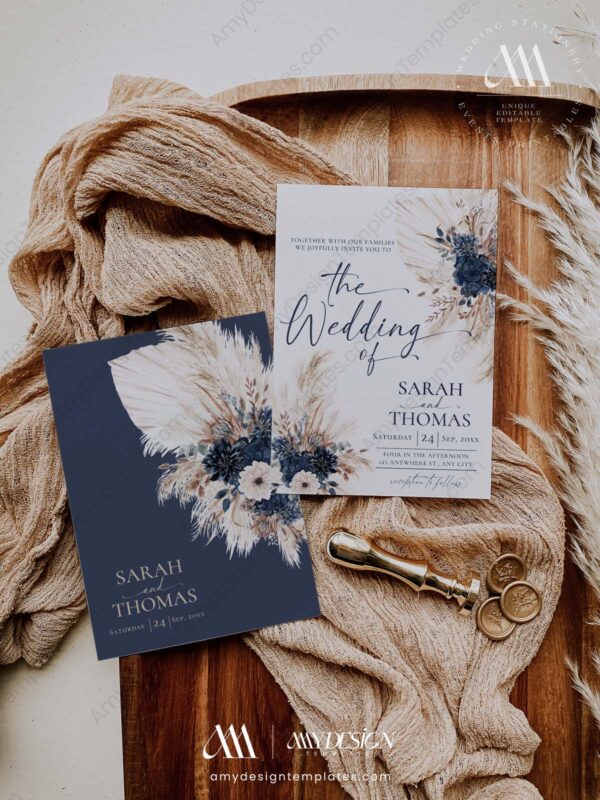 Navy Blue Fall Wedding Invitation Card | Bohemian Wedding Invite Template