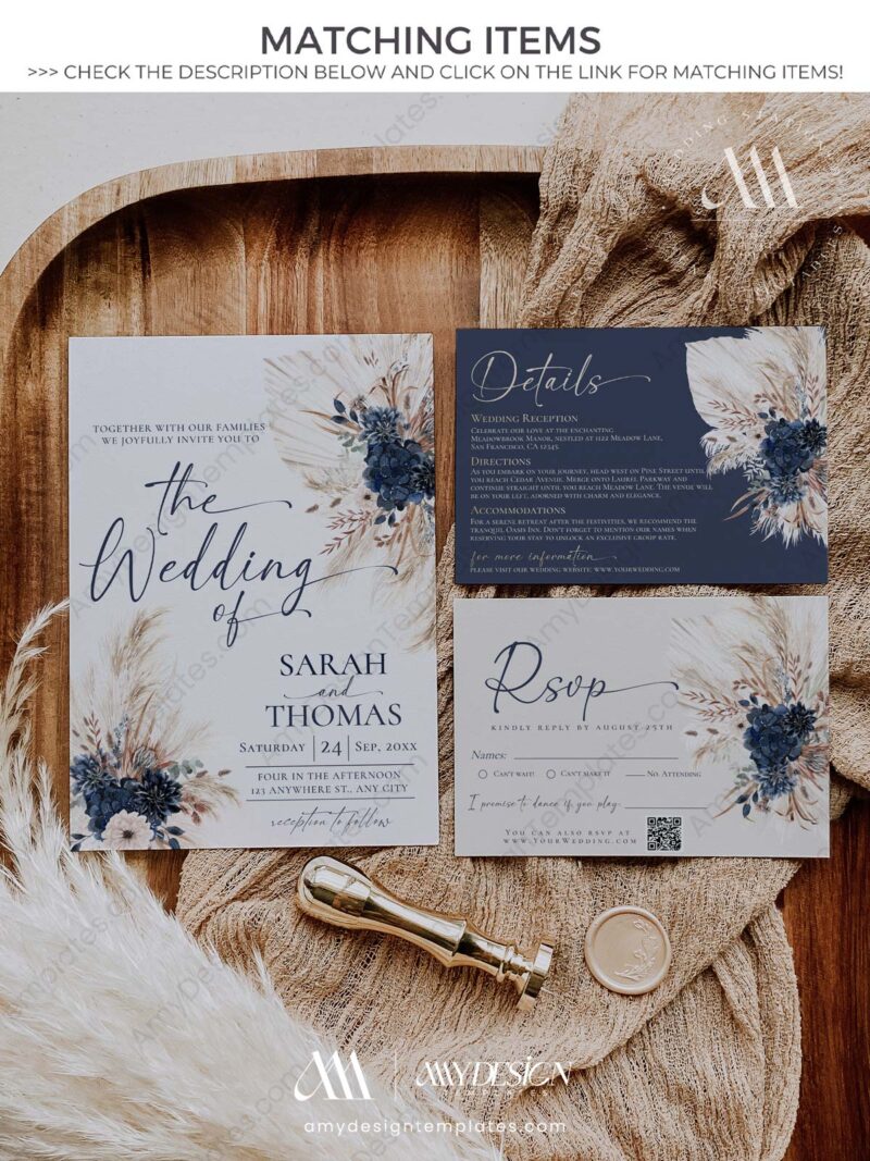 Navy Blue Fall Wedding Invitation Card | Amy Design