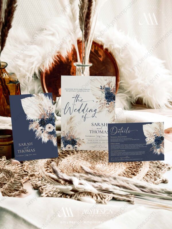 Navy Blue Wedding Invitation Suite Template | Boho Wedding Set Printable Navy Blue Wedding Invitation Suite Template | Boho Wedding Set Printable