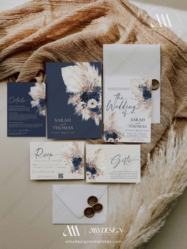 Navy Blue Wedding Invitation Suite Template | Boho Wedding Set Printable Navy Blue Wedding Invitation Suite Template | Boho Wedding Set Printable