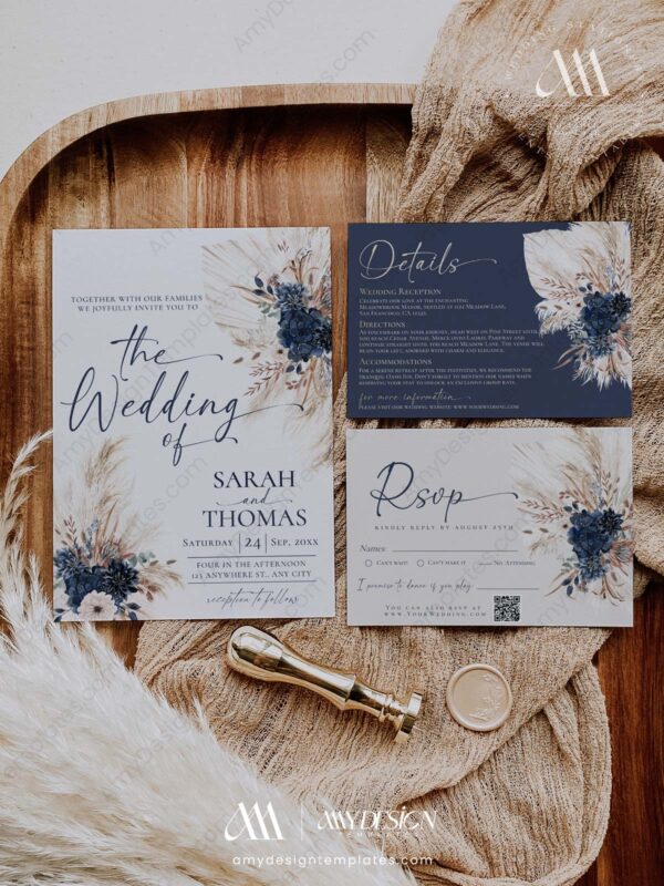 Navy Blue Fall Wedding Invitation Card | Bohemian Wedding Invite Template