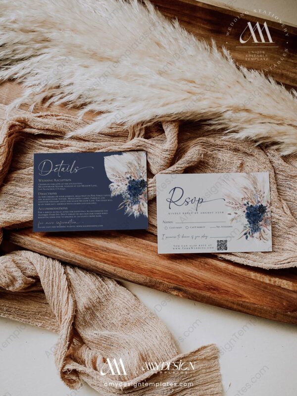 Navy Blue Wedding Invitation Suite Template | Boho Wedding Set Printable Navy Blue Wedding Invitation Suite Template | Boho Wedding Set Printable