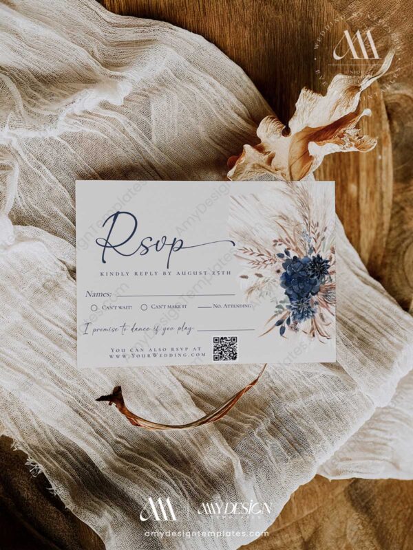 Navy Blue Wedding Invitation Suite Template | Boho Wedding Set Printable Navy Blue Wedding Invitation Suite Template | Boho Wedding Set Printable