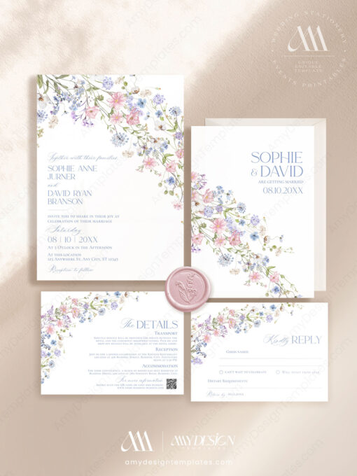 Floral Garden Wedding Invitation Template Editable, Pastel Wildflower Wedding Set