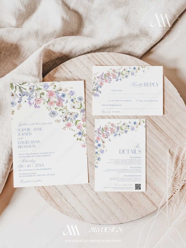 Pastel Floral Wedding Invitation Templates | Wildflower Wedding Invite Suite Printable