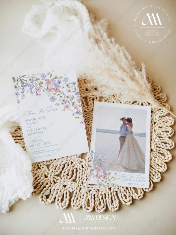 Pastel Floral Wedding Save The Dates Card Template | Save Our Date | Wildflower Wedding Pastel Floral Wedding Save The Dates Card Template E109