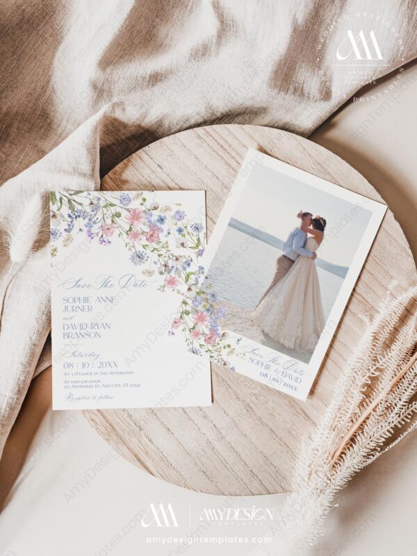 Pastel Wildflower Wedding Invitation Set Templates | Floral Wedding Card | Baby Pink Baby Blue Pastel Floral Wedding Save The Dates Card Template E109