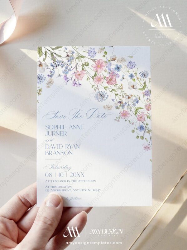 Pastel Floral Wedding Save The Dates Card Template | Save Our Date | Wildflower Wedding Pastel Floral Wedding Save The Dates Card Template E109