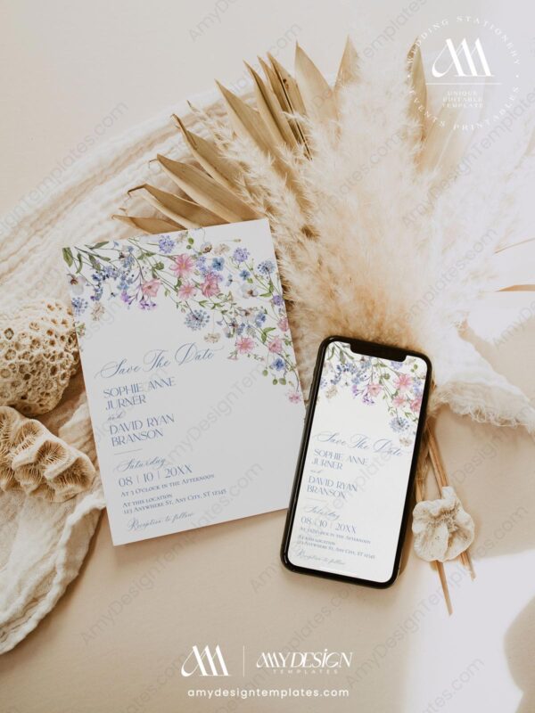 Pastel Floral Wedding Save The Dates Card Template E109