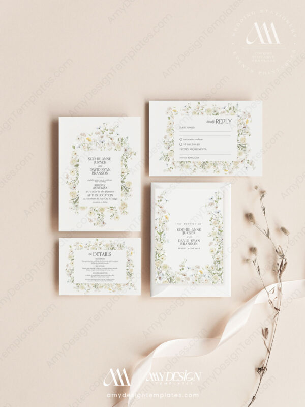 Cream Boho Wedding Invitation Templates | Floral Wedding Set Editable Cream Boho Wedding Invitation Templates | Floral Wedding Set Editable