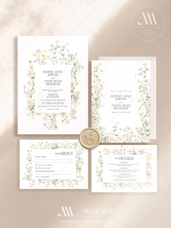 Cream Boho Wedding Invitation Templates | Floral Wedding Set Editable