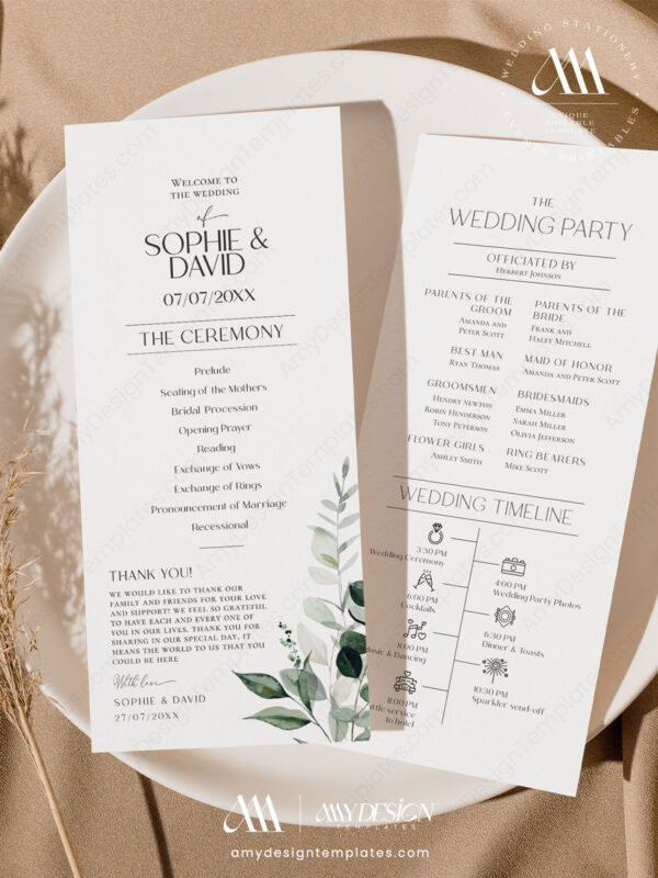Greenery Eucalyptus Wedding Program Template | Order Of Service Card | Catholic Wedding Program Template