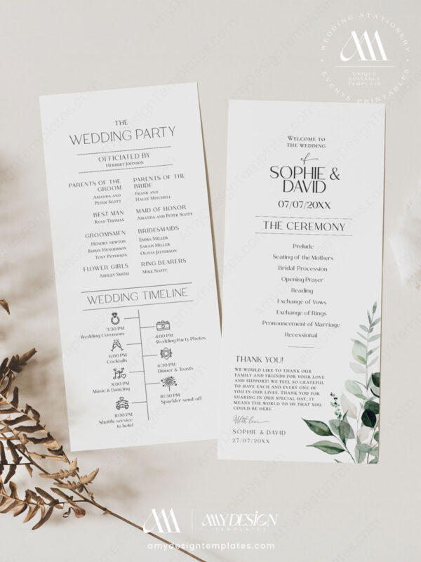 Greenery Eucalyptus Wedding Program Template | Order Of Service Card | Catholic Wedding Program Template