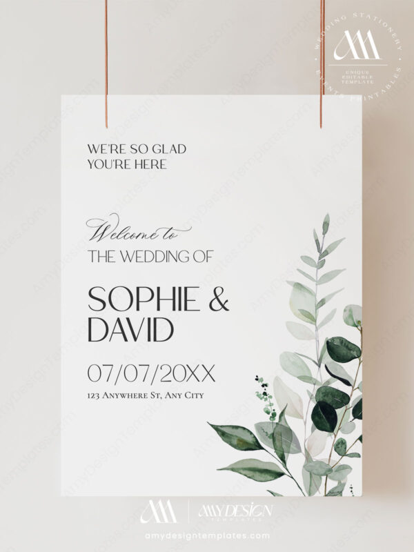 Modern Wedding Welcome Sign Template | DIY Printable Template | Greenery Eucalyptus