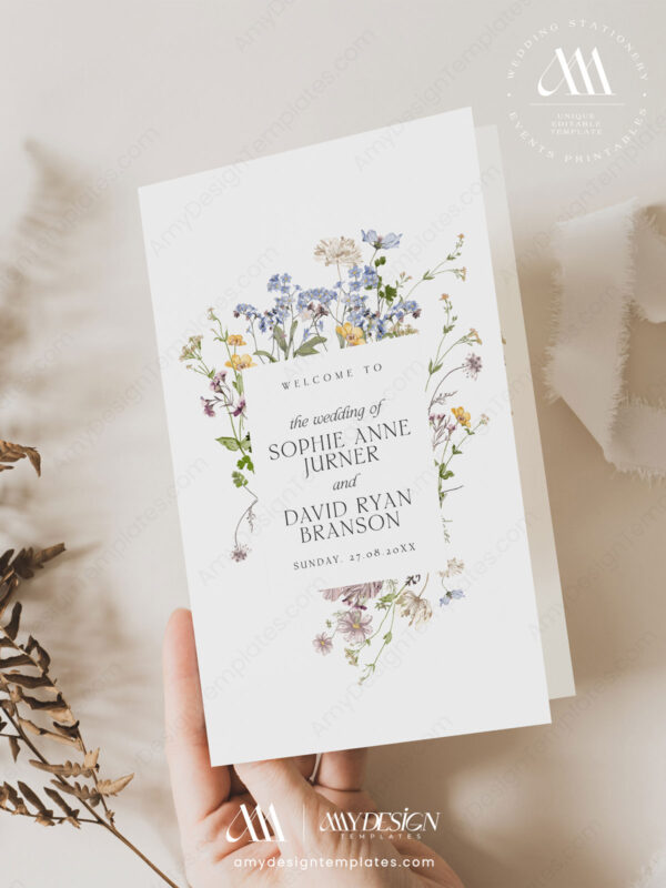 Wildflower Wedding Program Template | Modern Order of Service | Catholic Ceremony Program Editable Template