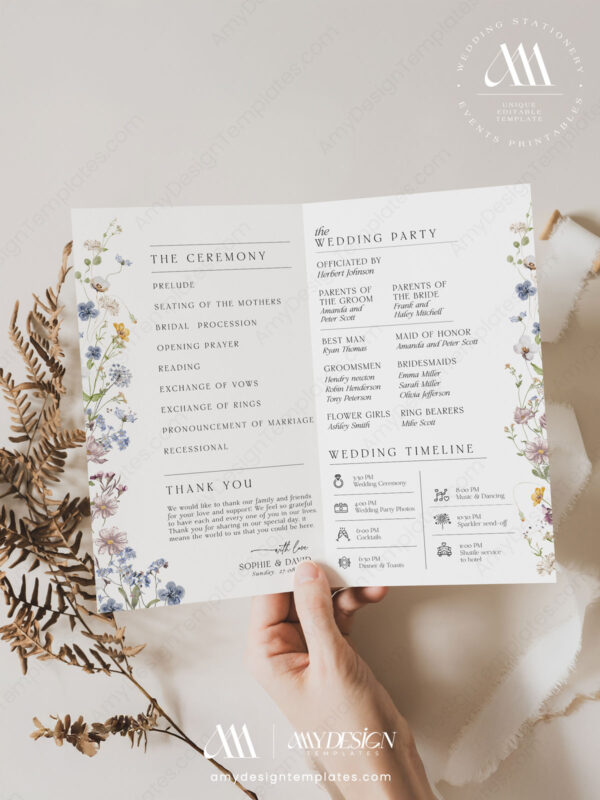 Wildflower Signage Template Bundle Printable | Reception Sign Wedding Wildflower Wedding Program Template | Modern Order of Service | Catholic Ceremony Program Editable Template