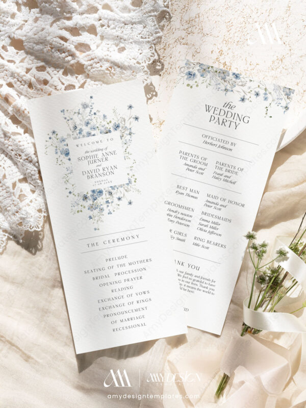 Wedding Ceremony Program Template | Wedding Booklet | Folded Wedding Program | Blue Wild Flower