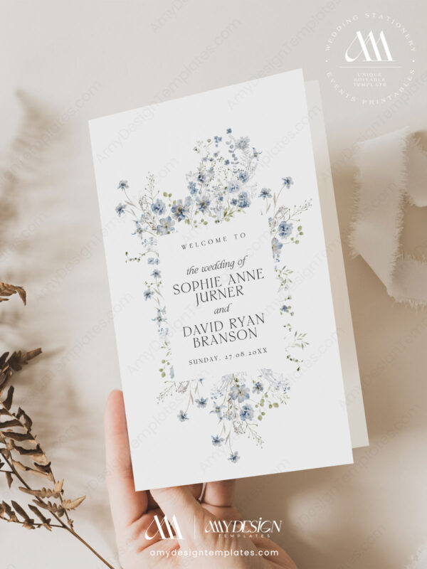 Wedding Ceremony Program Template | Wedding Booklet | Folded Wedding Program | Blue Wild Flower