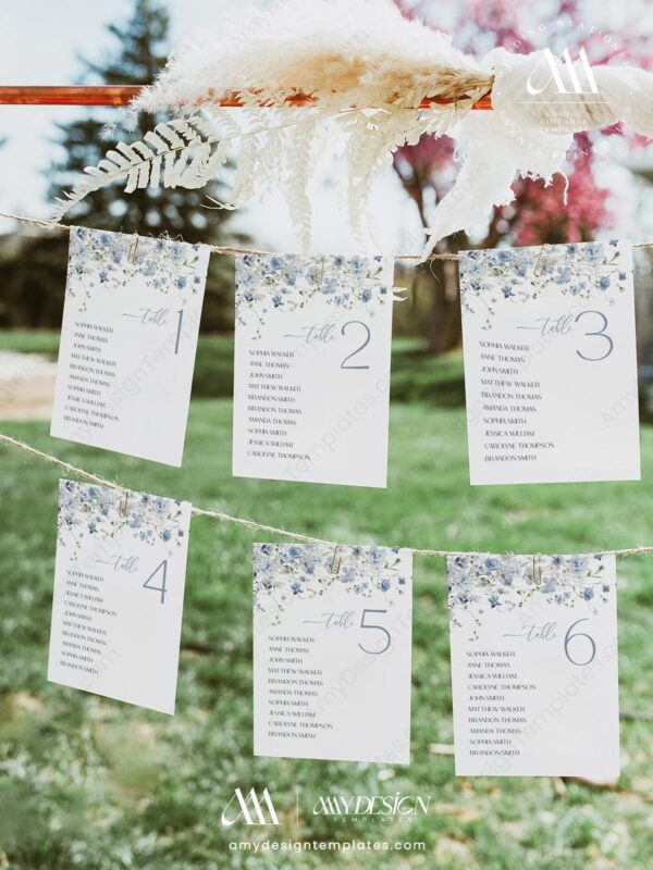 Blue Seating Chart Cards Wedding Template | Blue Wildflower Wedding | Printable Table Numbers