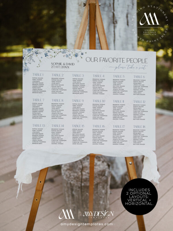 Alternative view of Blue Wedding Seating Sign Template | Editable Table Seating Chart