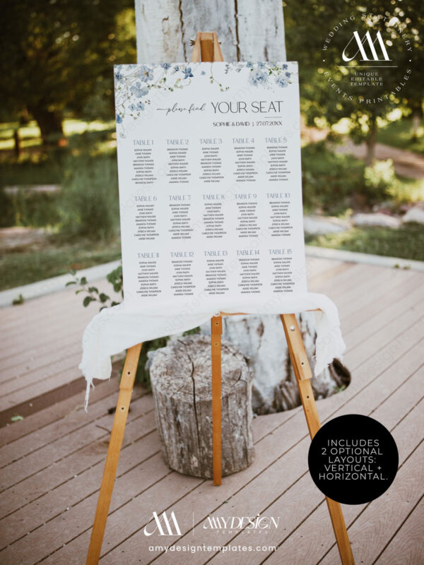 Blue Wildflower Wedding Invitation Template Suite Blue Wedding Seating Sign Template | Editable Table Seating Chart